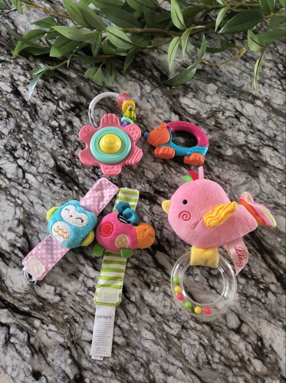 Lot Of Baby Toys 5 Rattles, Teether, Wrist Plush Rattle Owl Bird Flower Sensory